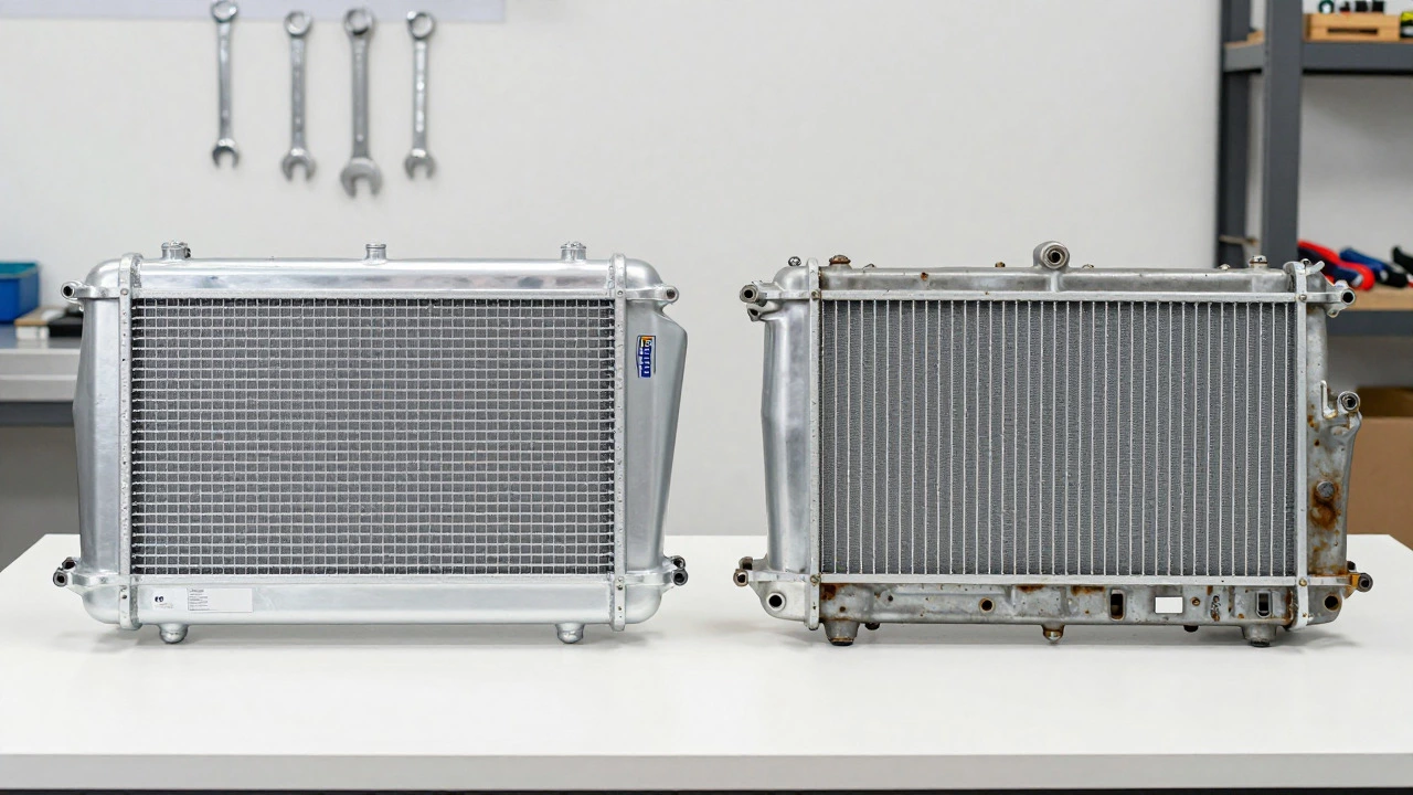 Side-by-side comparison of new aftermarket and old OEM car radiators