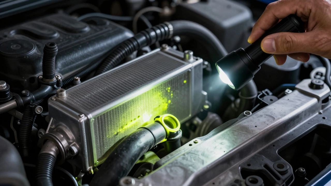 UV light revealing glowing yellow-green refrigerant leak in car engine