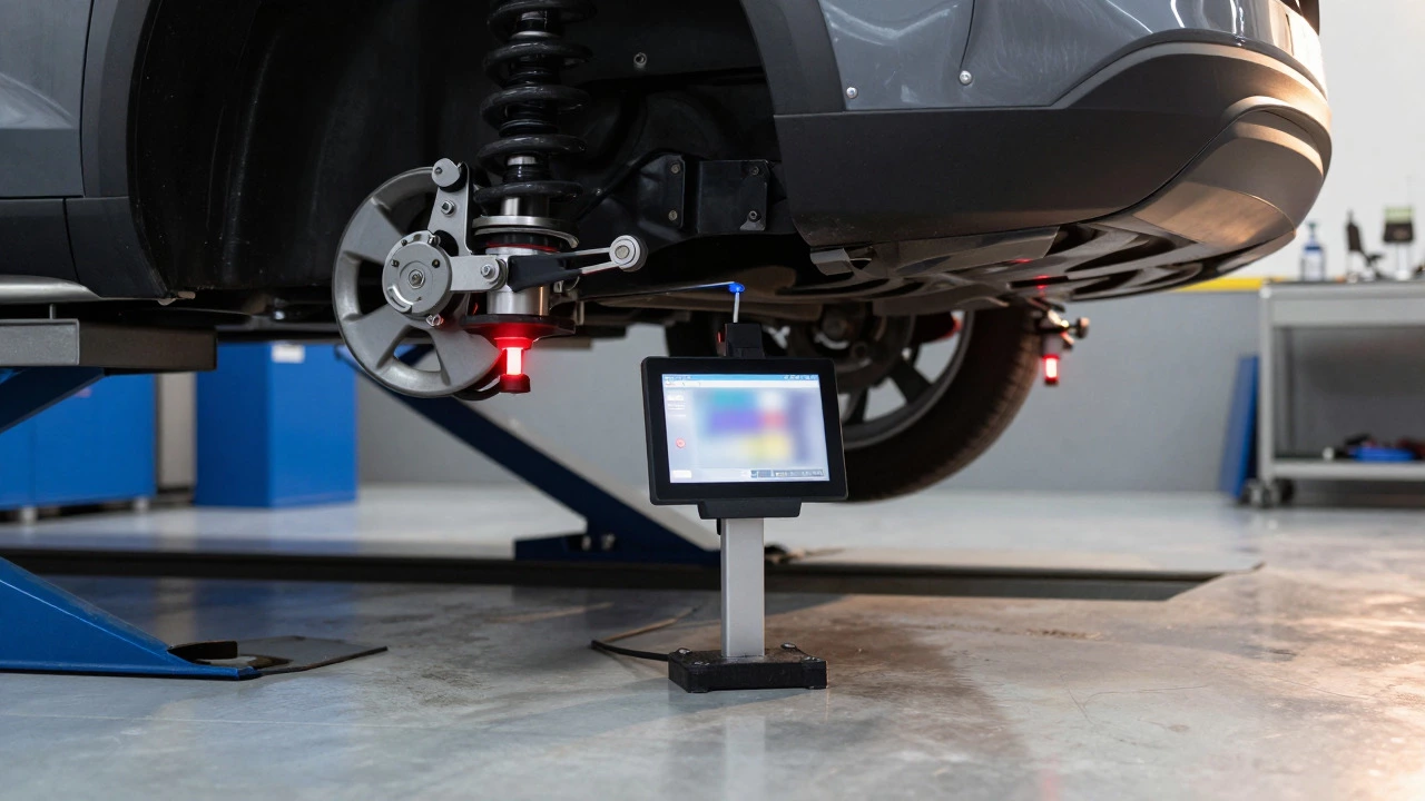 Vehicle undergoing four-wheel alignment with laser sensors