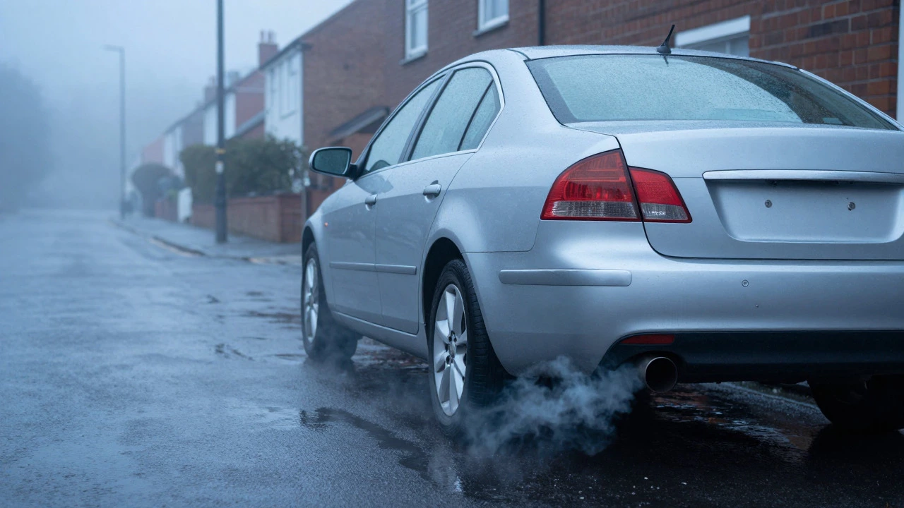 Blue smoke from car exhaust and oil leak on pavement