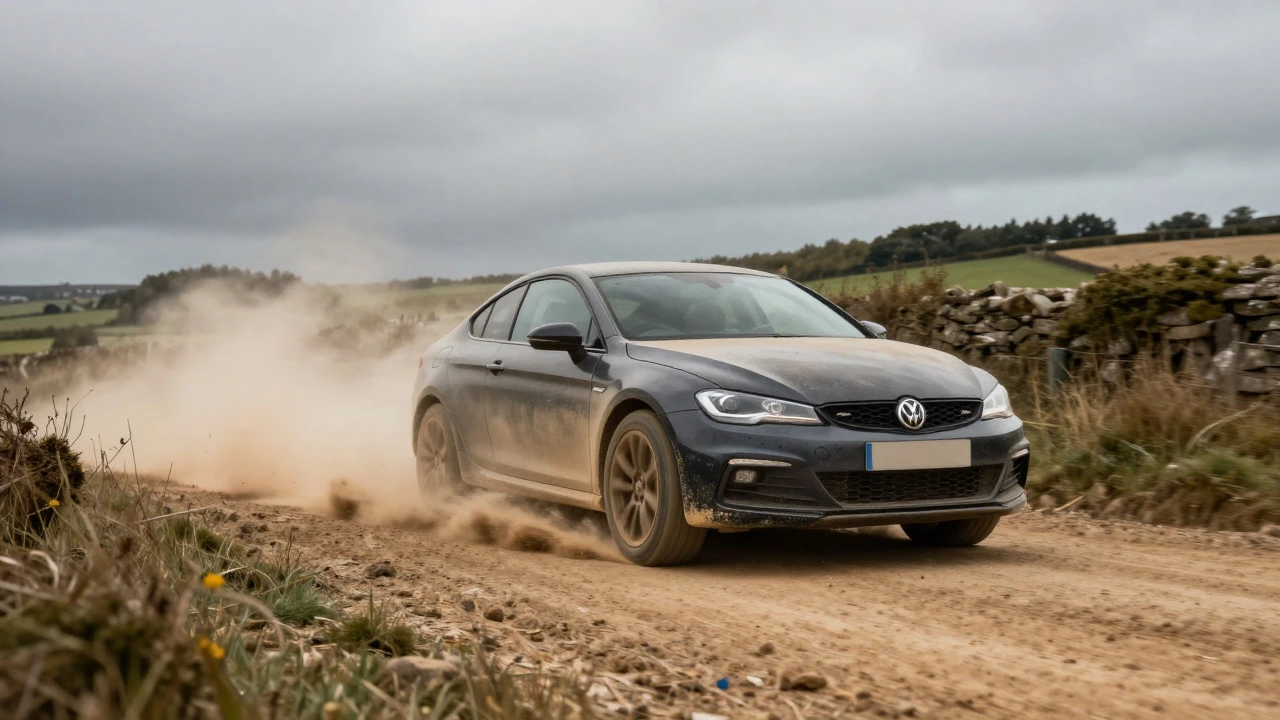Car driving on a dusty rural road kicking up dirt and pollen