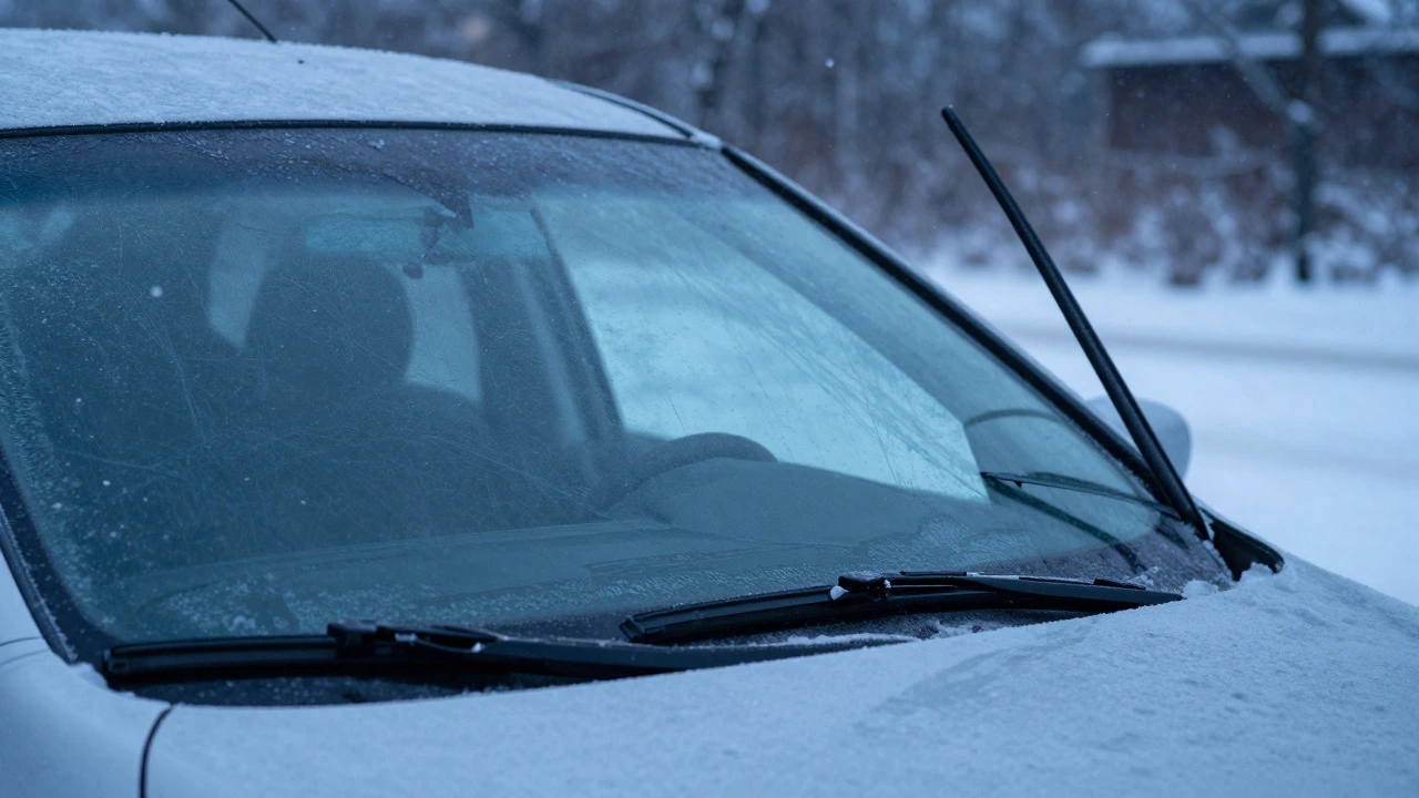 Car wipers lifted up in snowy winter conditions