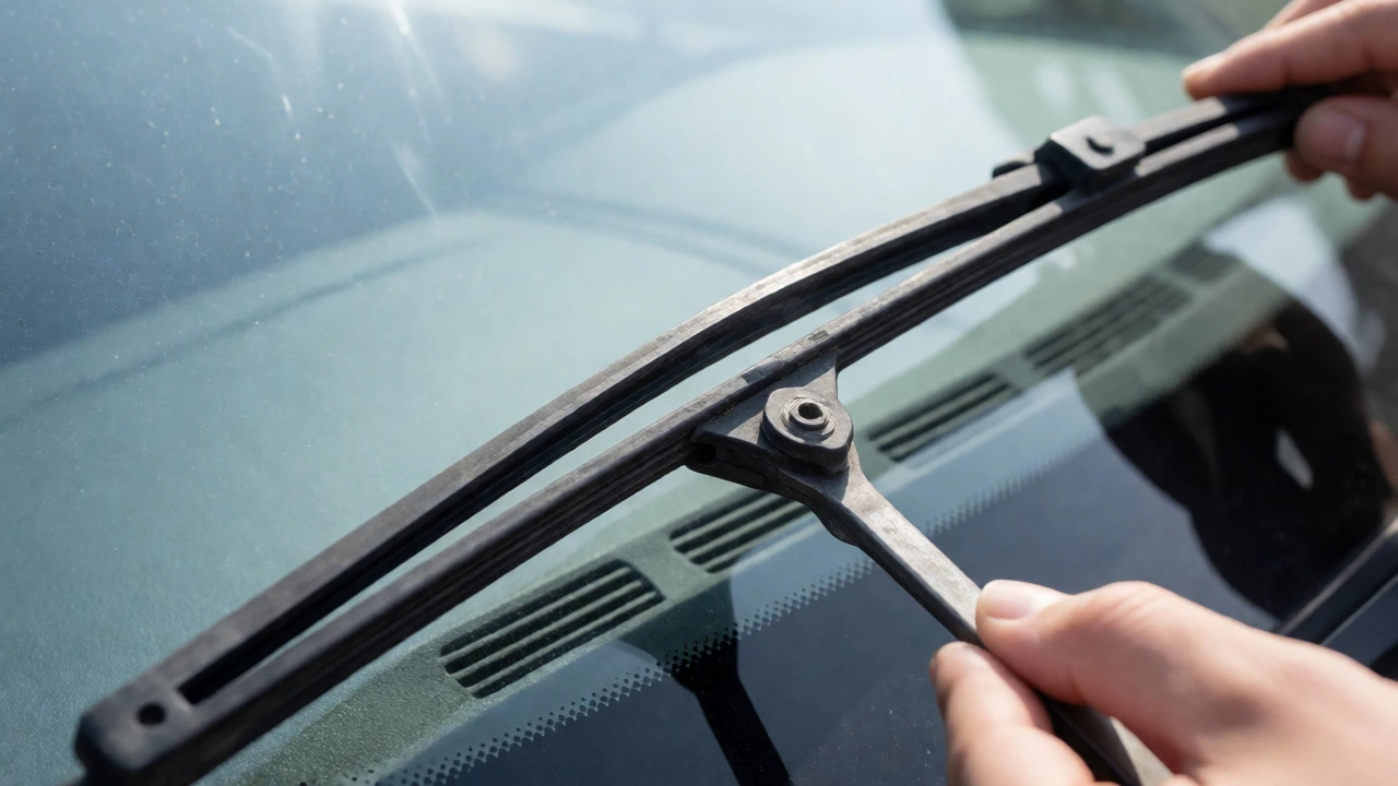 Close-up of a cracked and torn rubber wiper blade being inspected against a clean windshield.