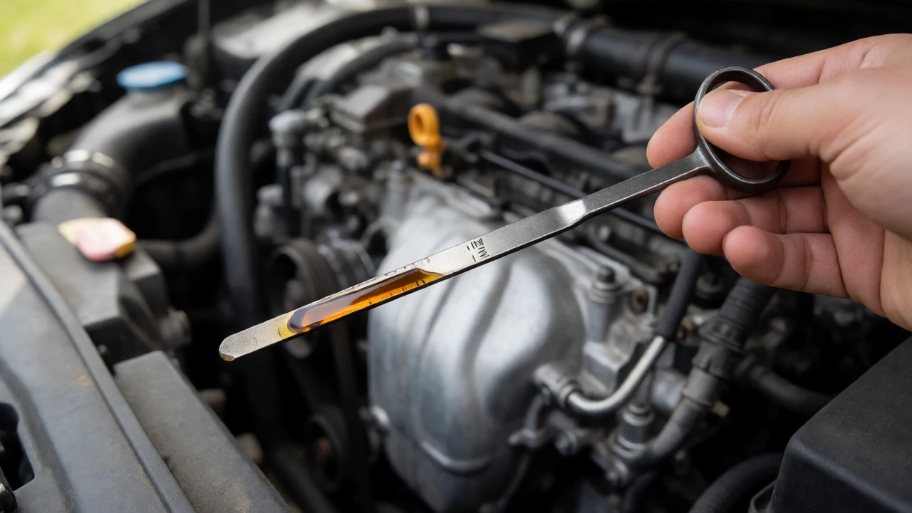 Close-up of a mechanic checking engine oil level on a dipstick below the minimum mark.