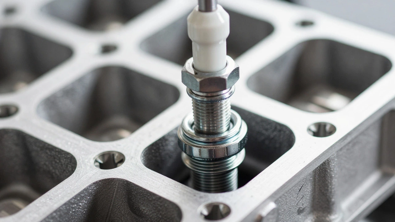 Close-up of a torque wrench tightening a spark plug
