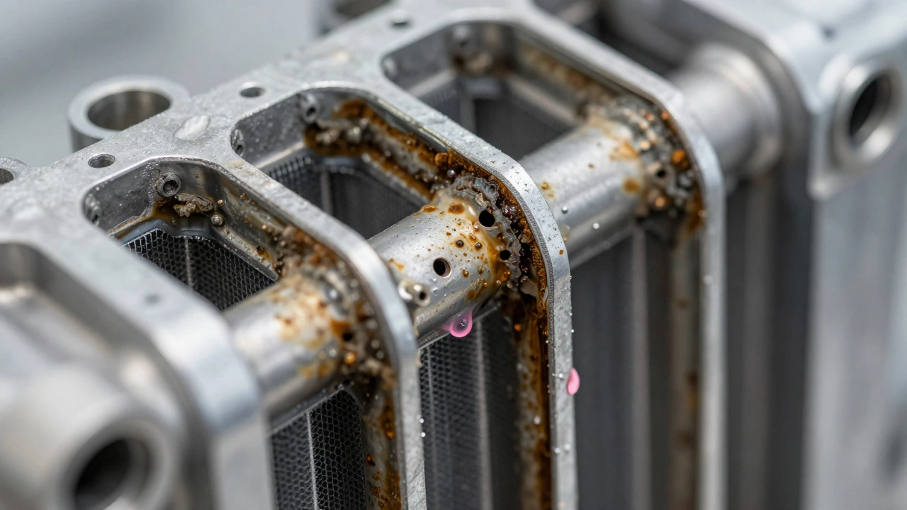 Close-up of corroded radiator fins with sludge