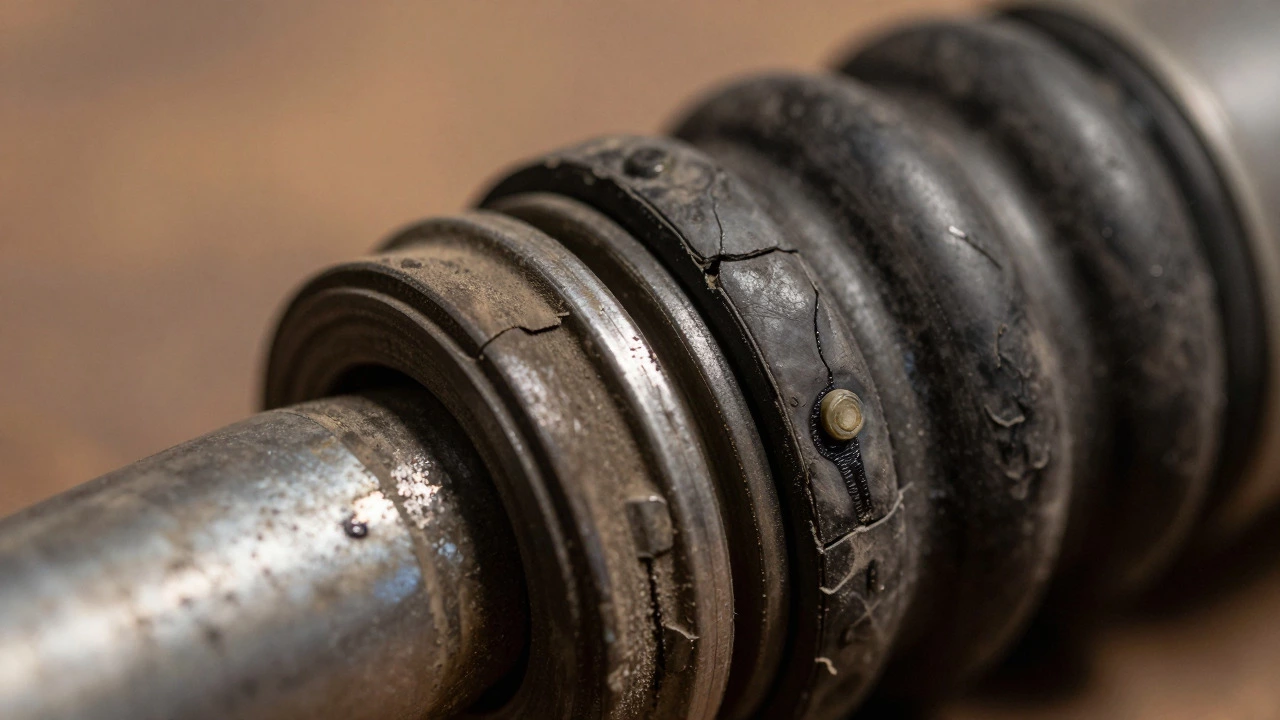 Cracked rubber bushing and leaking shock absorber close-up