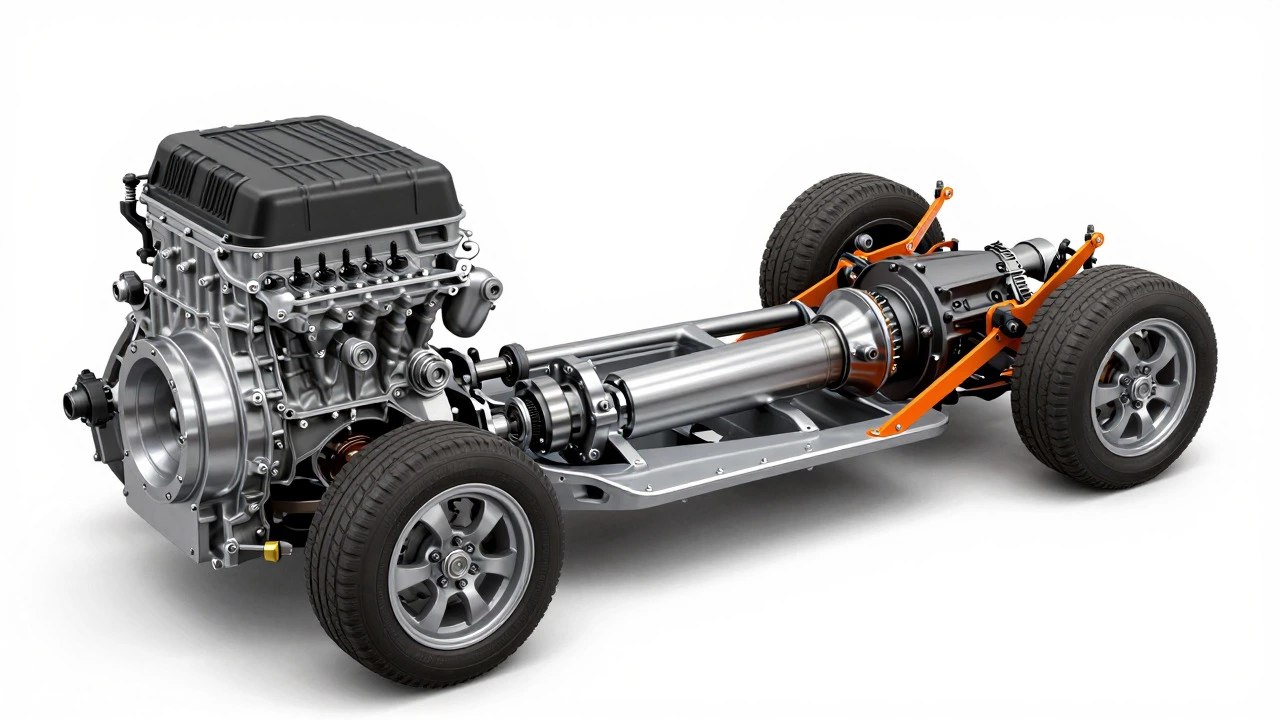 Cutaway view of a car drivetrain showing transmission removal and engine support