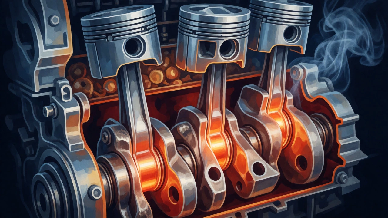 Cutaway view of a car engine showing friction and heat due to low oil levels.