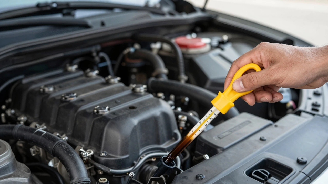 Dipstick showing low oil level in a car engine