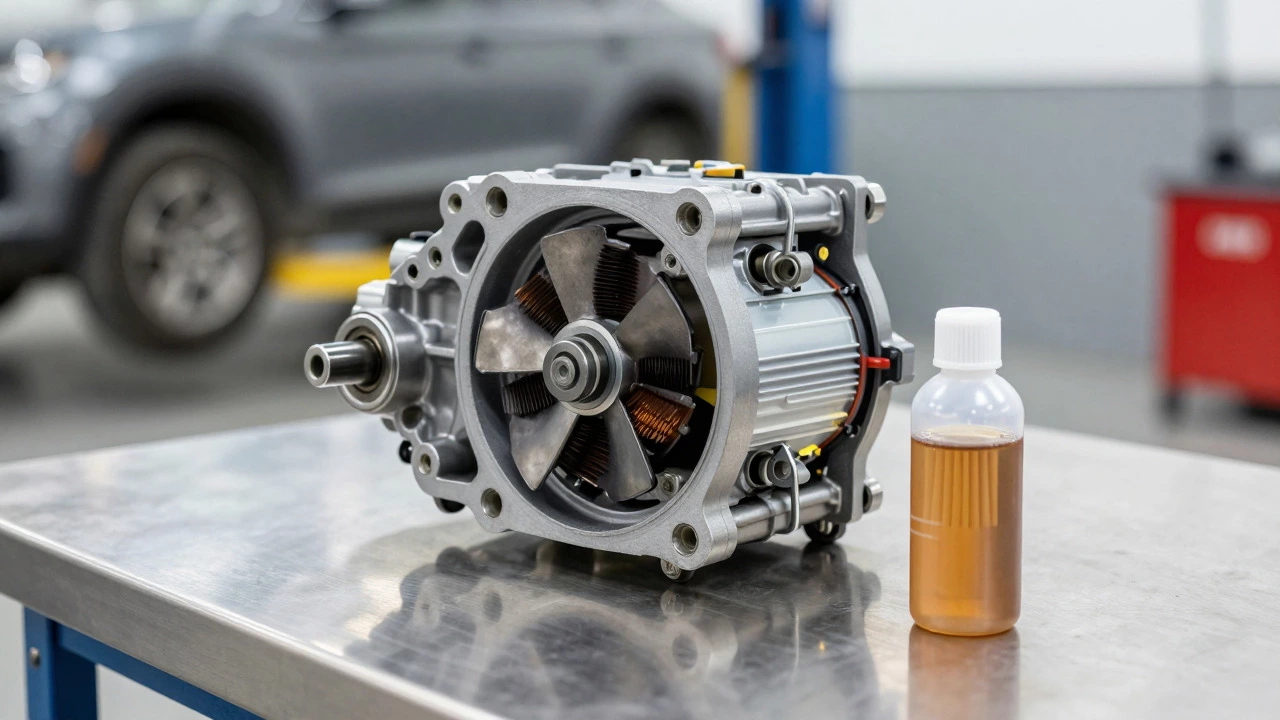 Disassembled fuel pump assembly and cleaner bottle on a workshop bench