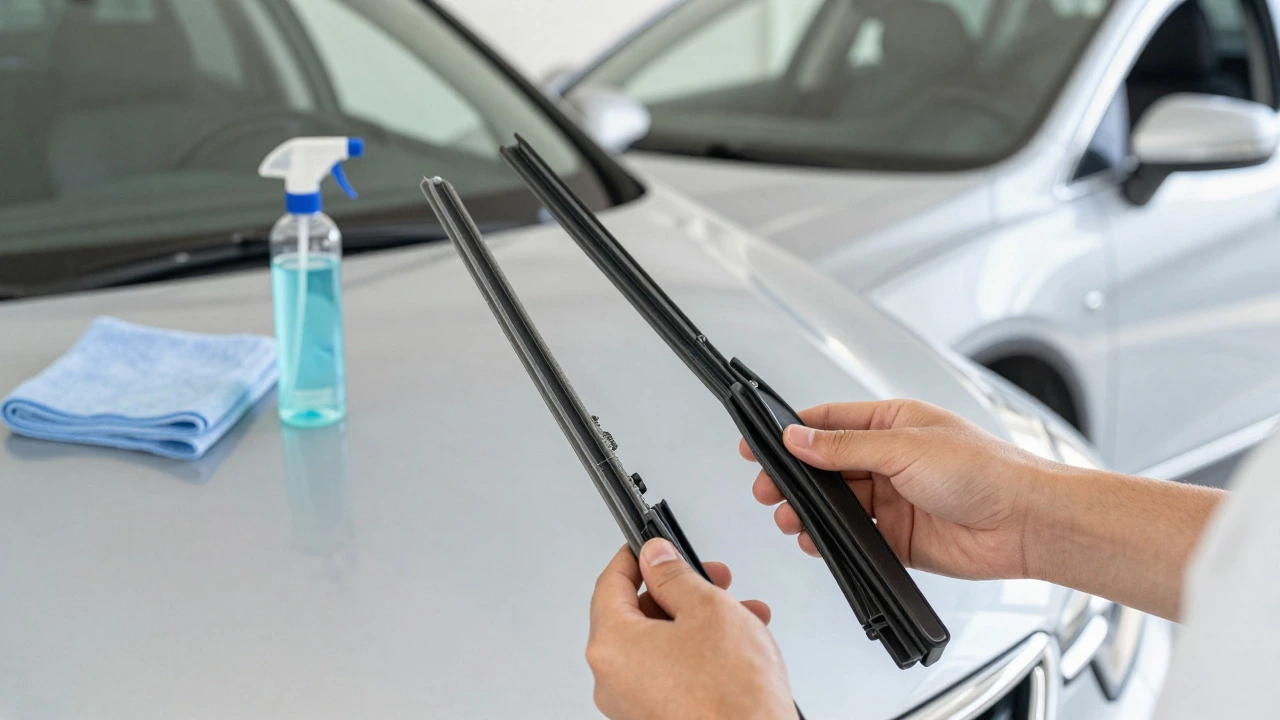 Hands comparing new and old wiper blades in a garage