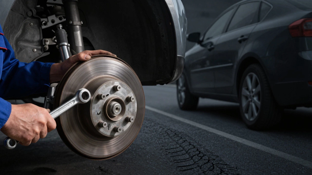 Mechanic inspecting wheel hub next to uneven tire wear
