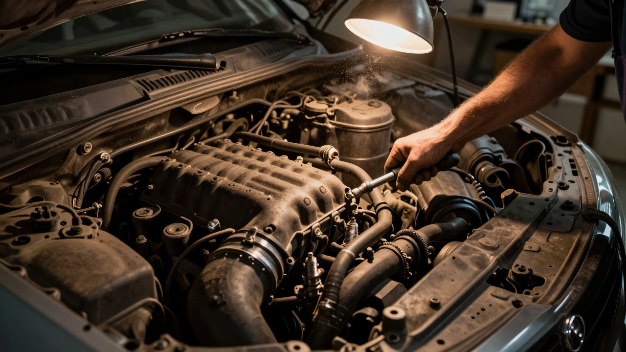 Mechanic using a ratchet in a tight engine bay space