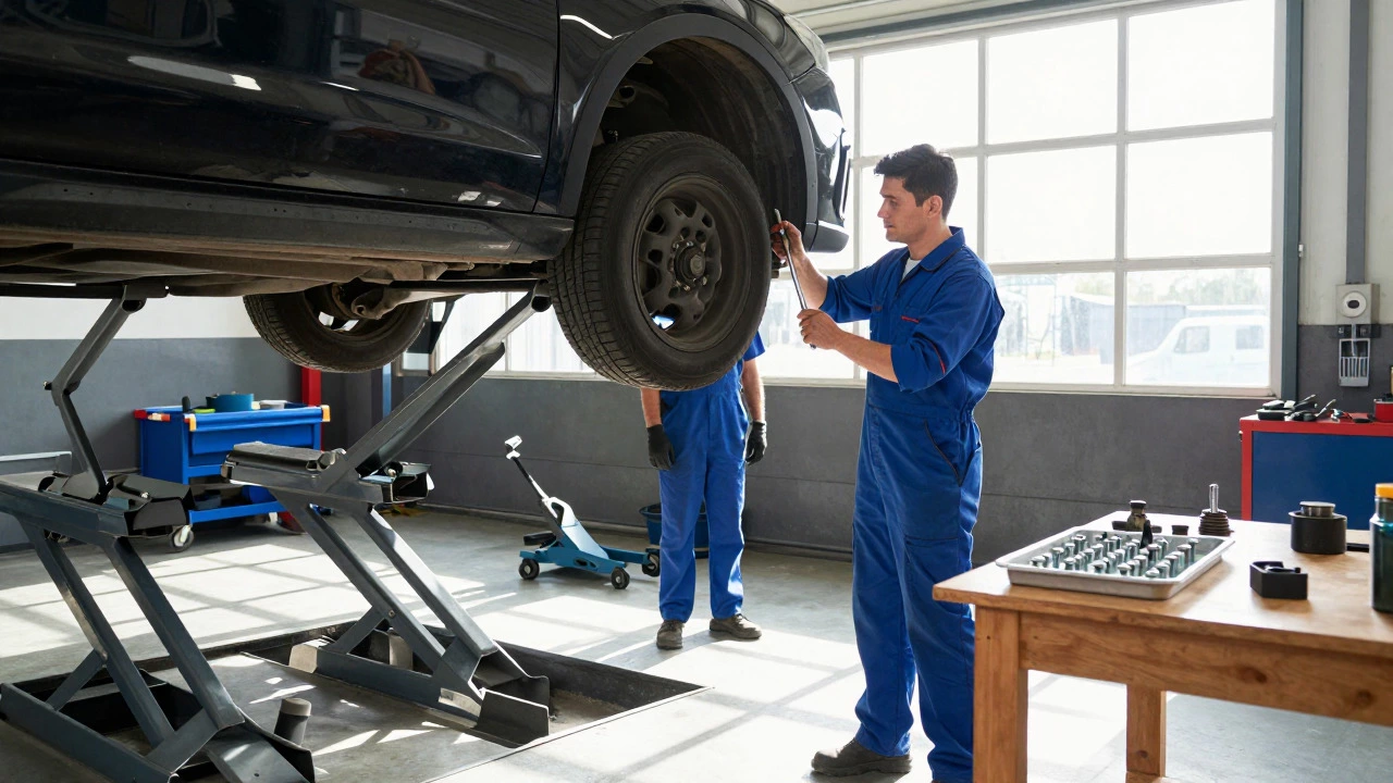 Mechanic using a torque wrench on a car transmission in a home garage