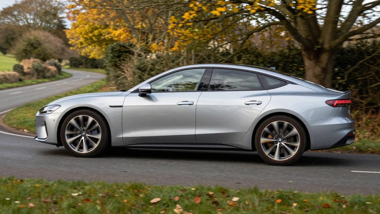 Modern car with stylish alloy wheels driving on a scenic UK country road