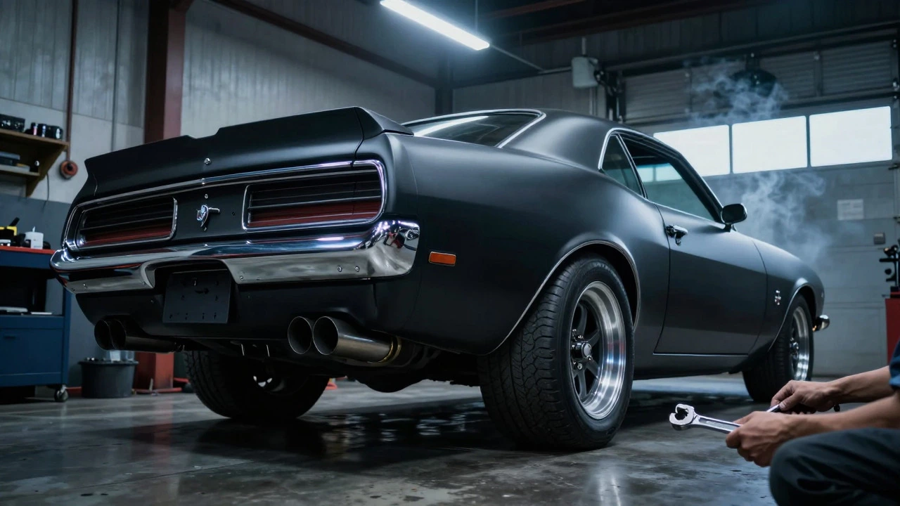 Modified muscle car in a garage highlighting dual exhaust tips