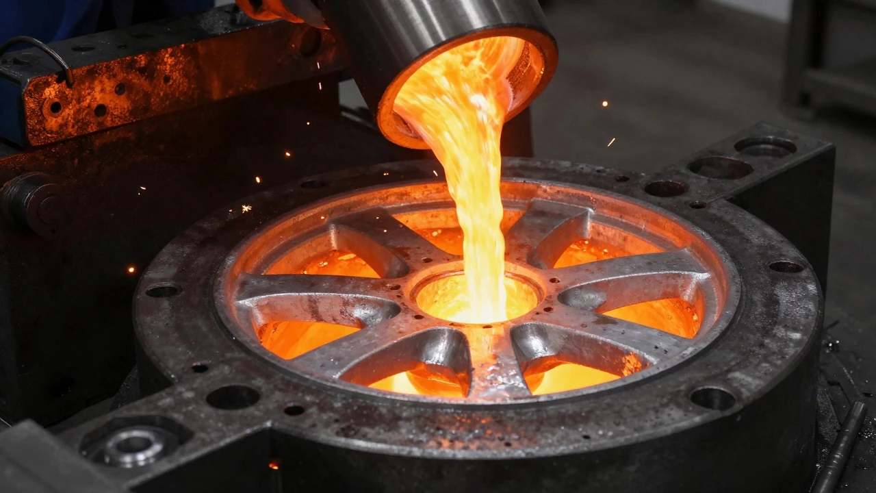 Molten aluminum being poured into a mold during alloy wheel manufacturing