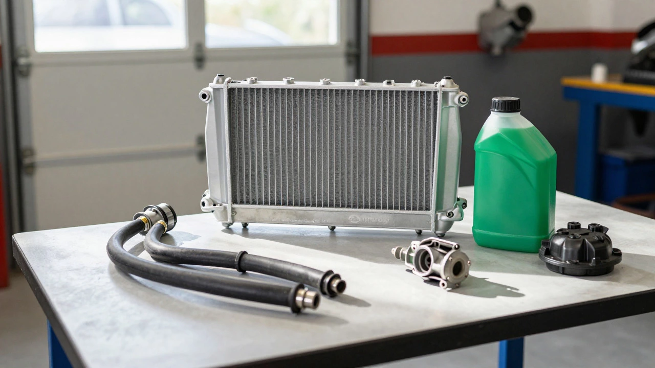 New radiator and cooling system parts on mechanic workbench
