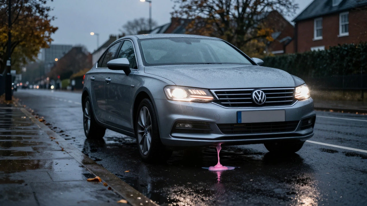 Pink coolant leaking from a car on a wet road