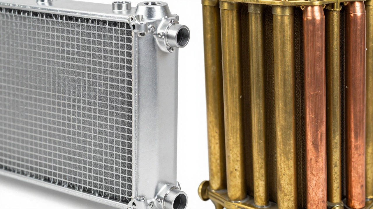 Side-by-side comparison of aluminum and copper-brass car radiators