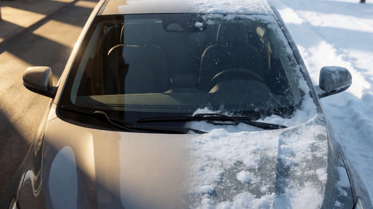 Split view comparing wiper damage from intense UV sunlight on one side and freezing ice on the other.