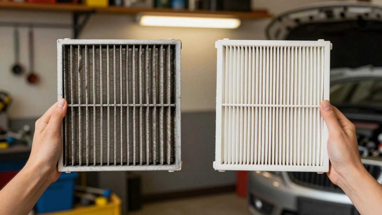 Two hands holding different air filters side-by-side in a garage