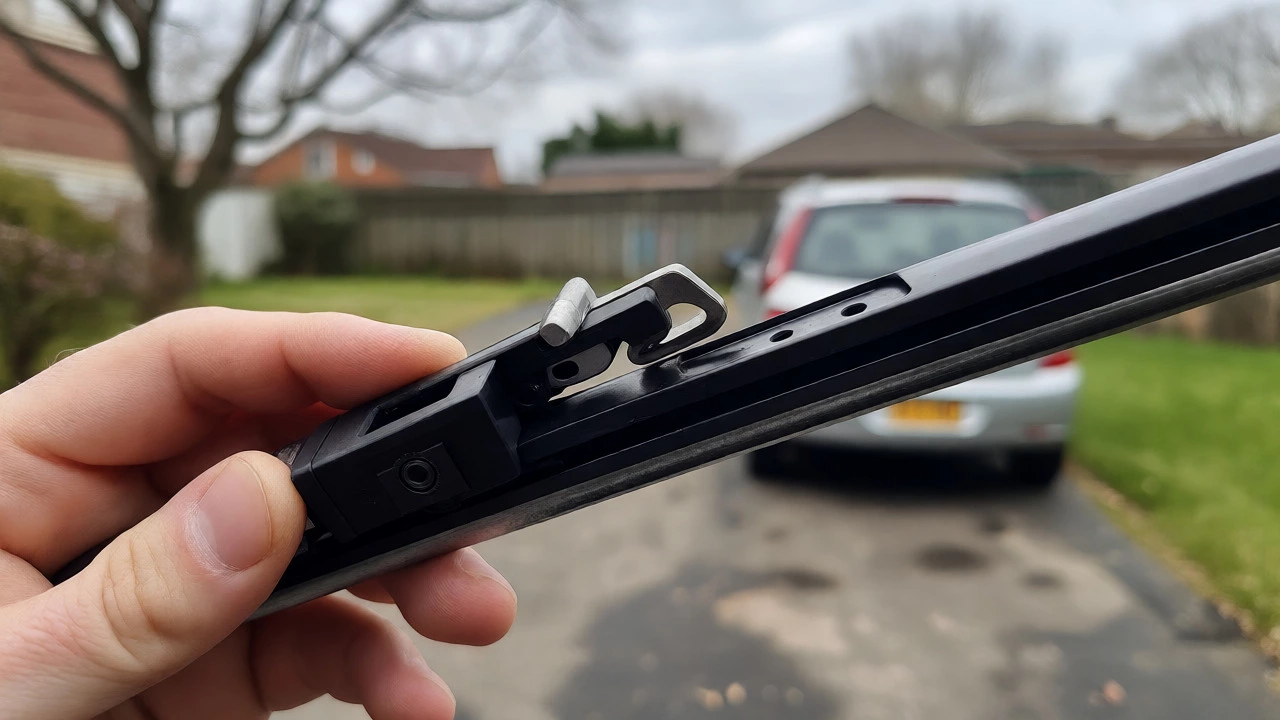 A hand clicking a new wiper blade adapter onto a car's metal wiper arm outdoors.