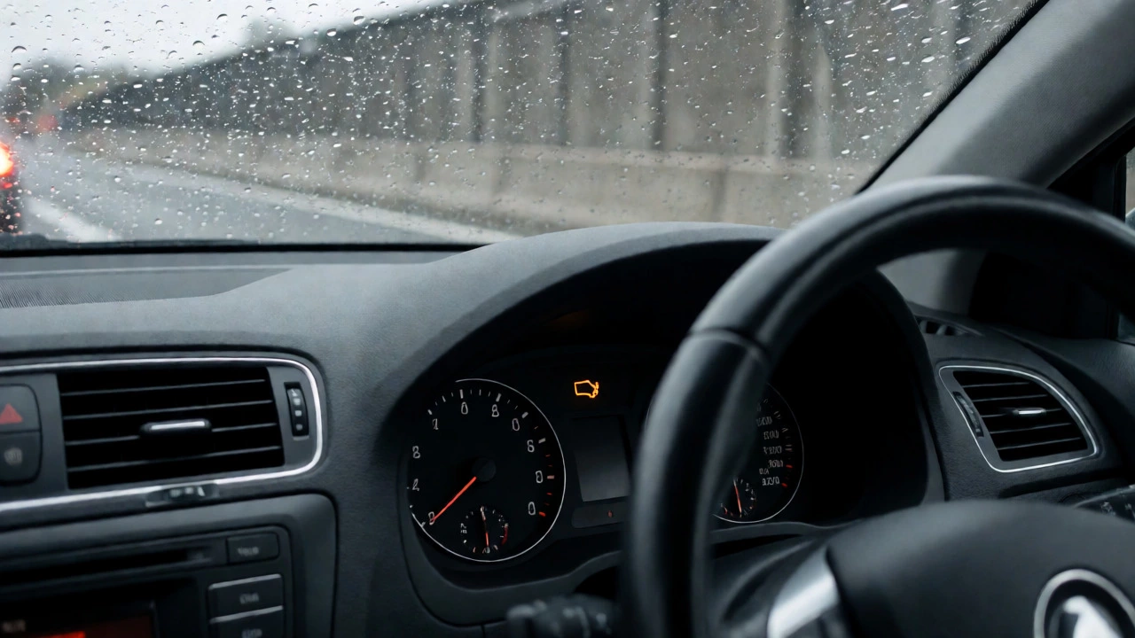 Car dashboard with check engine light illuminated in traffic