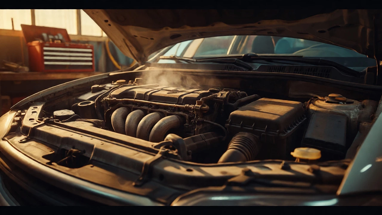 Car engine bay with steam rising from hot components