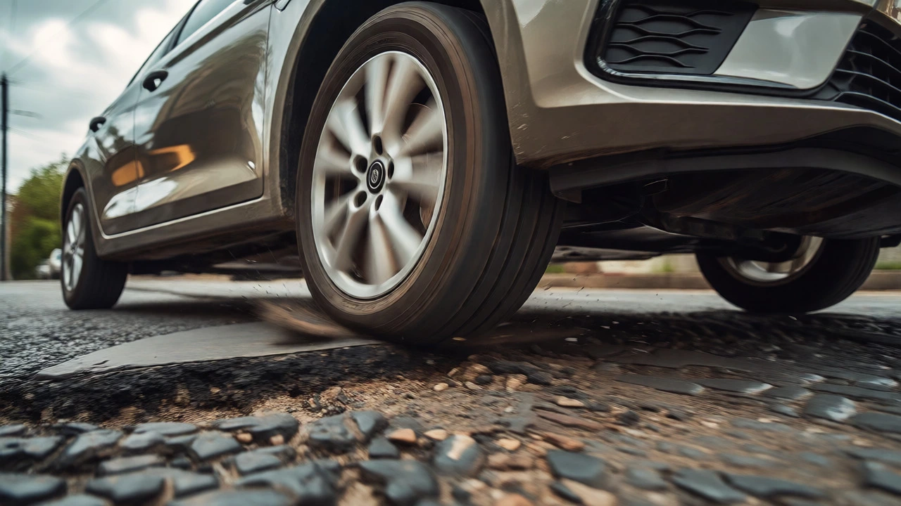 Car suspension compressing heavily as it drives over a rough pothole on a UK road.