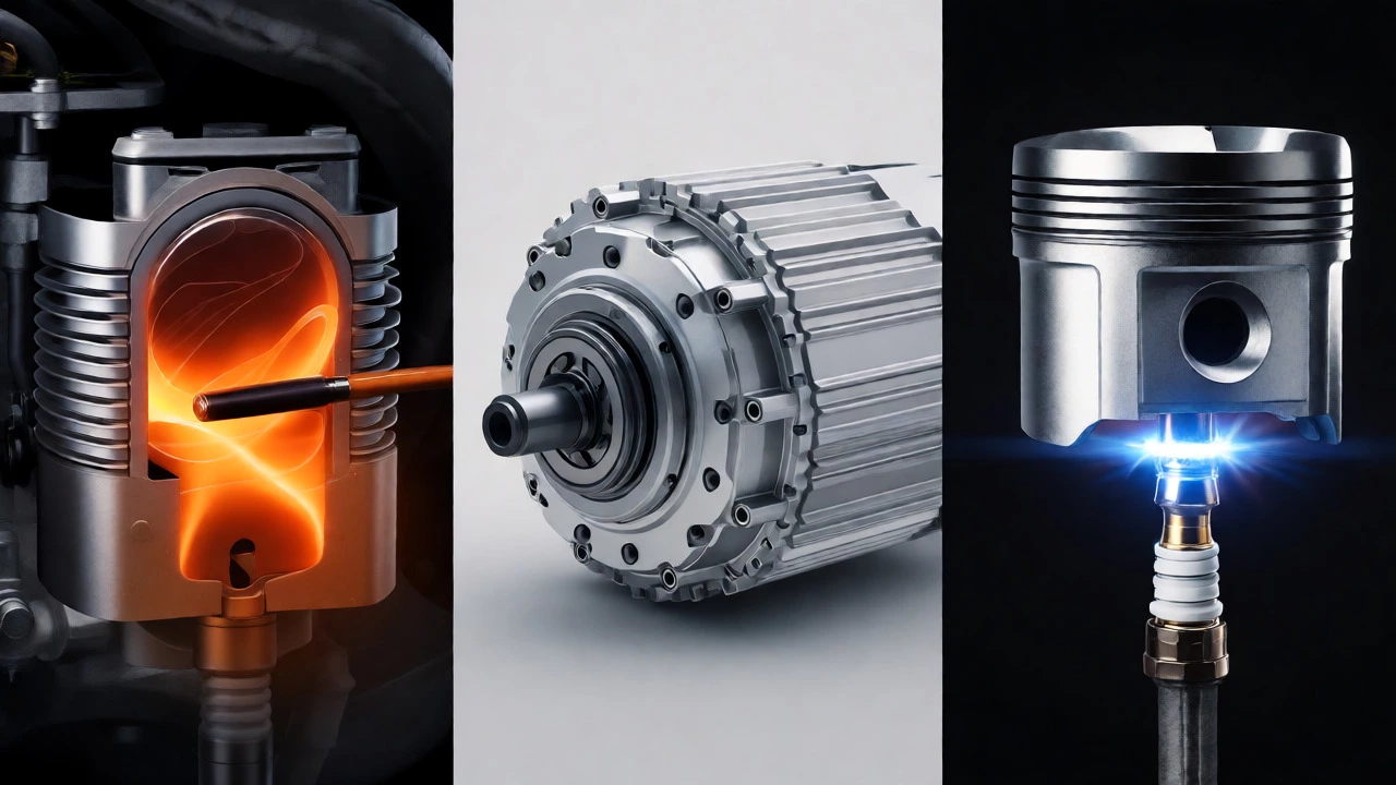 Comparison of diesel glow plug, electric motor, and petrol spark