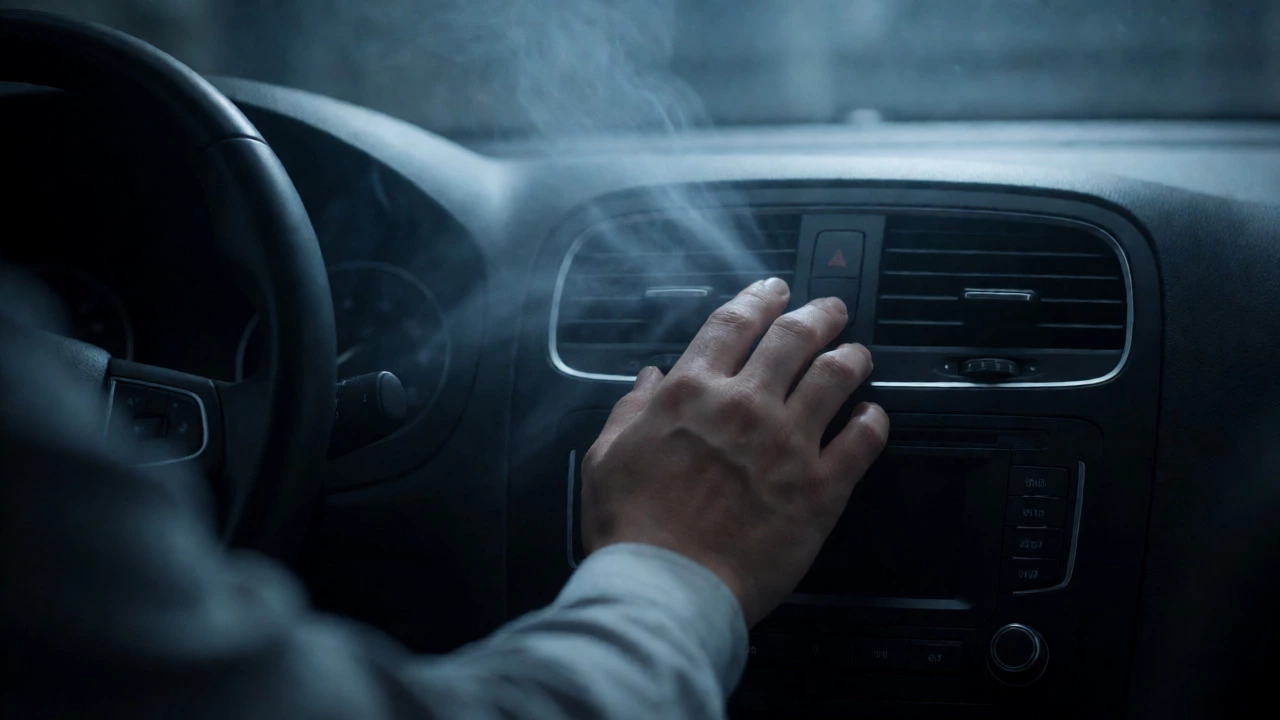 Driver testing weak airflow from a car AC vent with a hand in front of it.