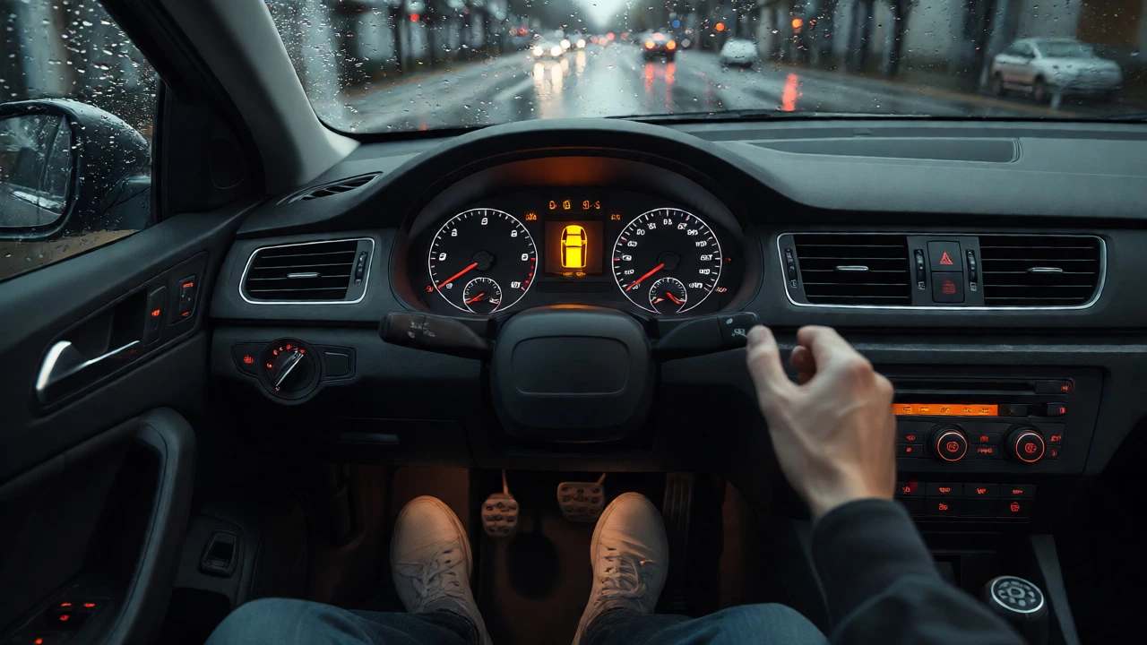 Driver viewing illuminated brake warning light on dashboard