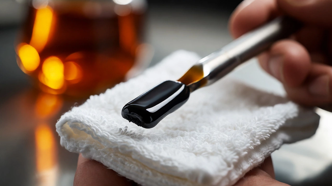Hand holding a dipstick covered in dark black engine oil