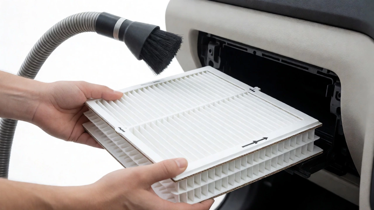 Hands installing a new clean cabin air filter into the vehicle's HVAC housing.