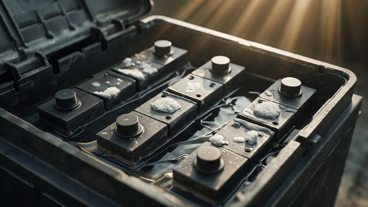 Macro shot of internal lead plates and sulfation in a car battery