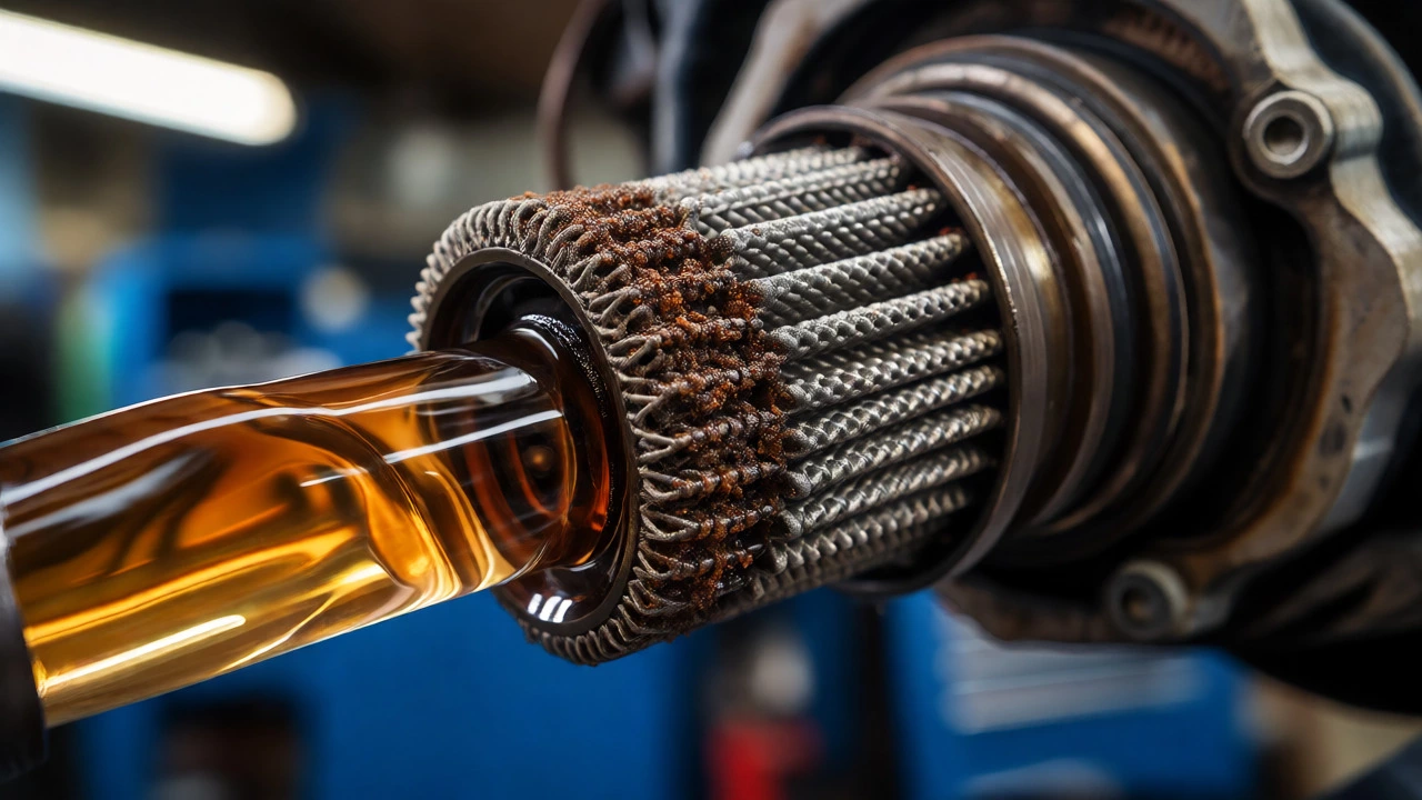 Macro view of a clogged fuel filter mesh filled with dark sludge and rust debris