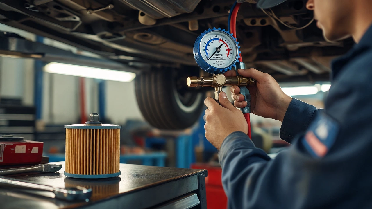 Mechanic checking fuel pressure gauge under a lifted car in a garage