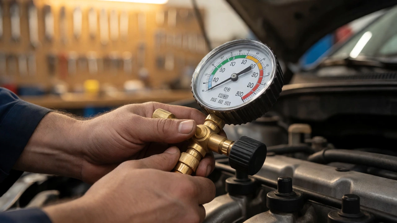 Mechanic checking low fuel pressure with a gauge on an engine