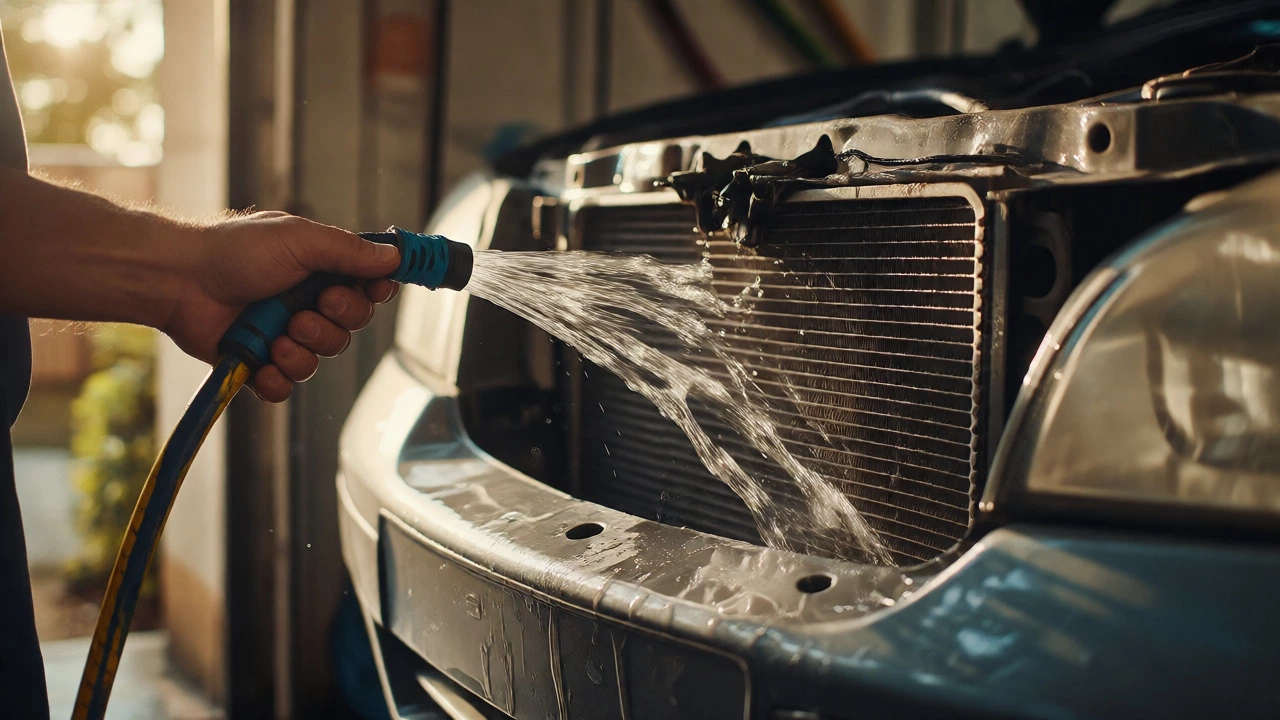 Mechanic cleaning car radiator fins with a low-pressure water hose in a garage setting.
