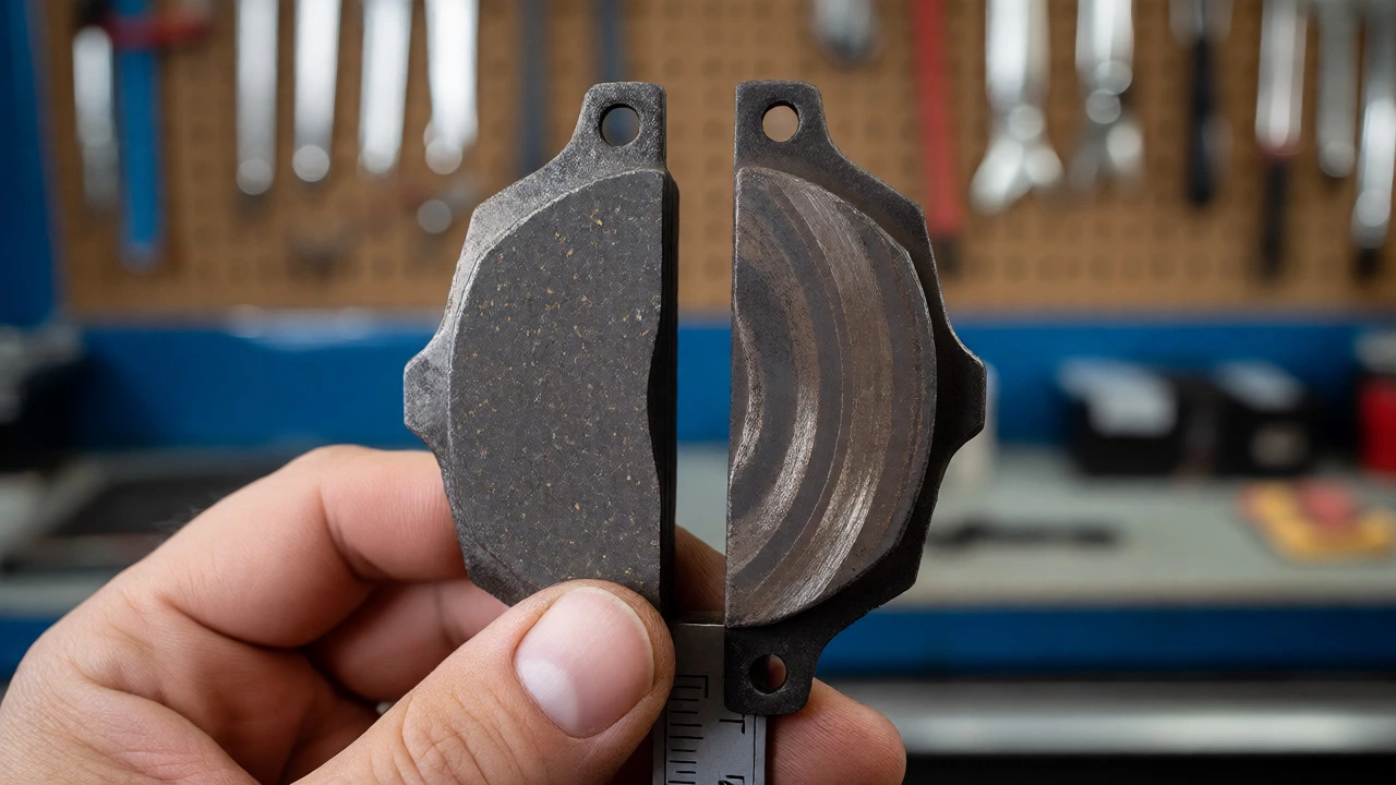 Mechanic comparing a new thick brake pad with a worn thin pad using digital calipers.
