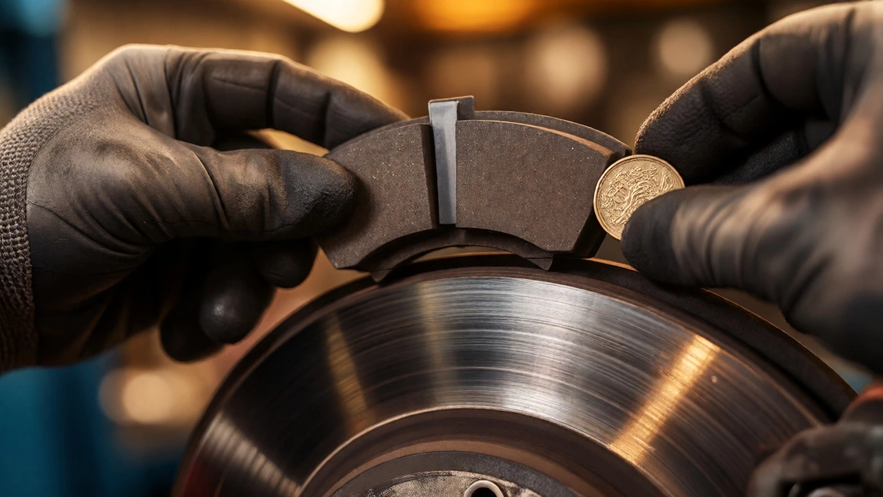 Mechanic inspecting thin brake pads next to a coin for scale