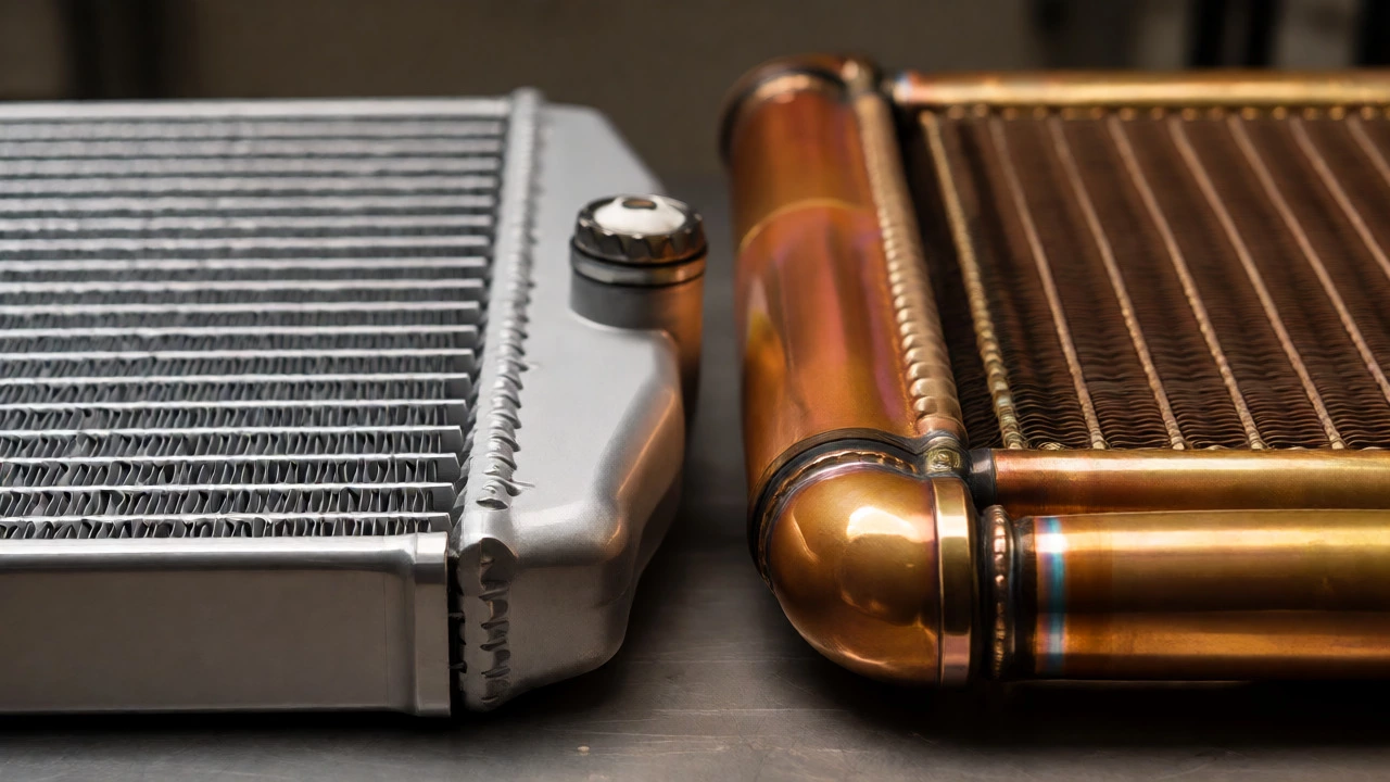 Side-by-side comparison of a modern aluminum radiator and a vintage copper-brass radiator.