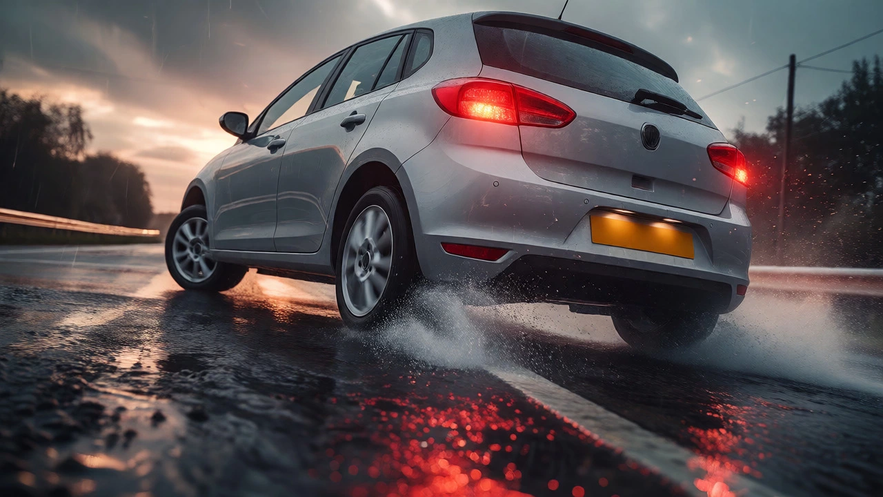 Silver car fishtailing during an emergency stop on a wet road due to rear brake issues.