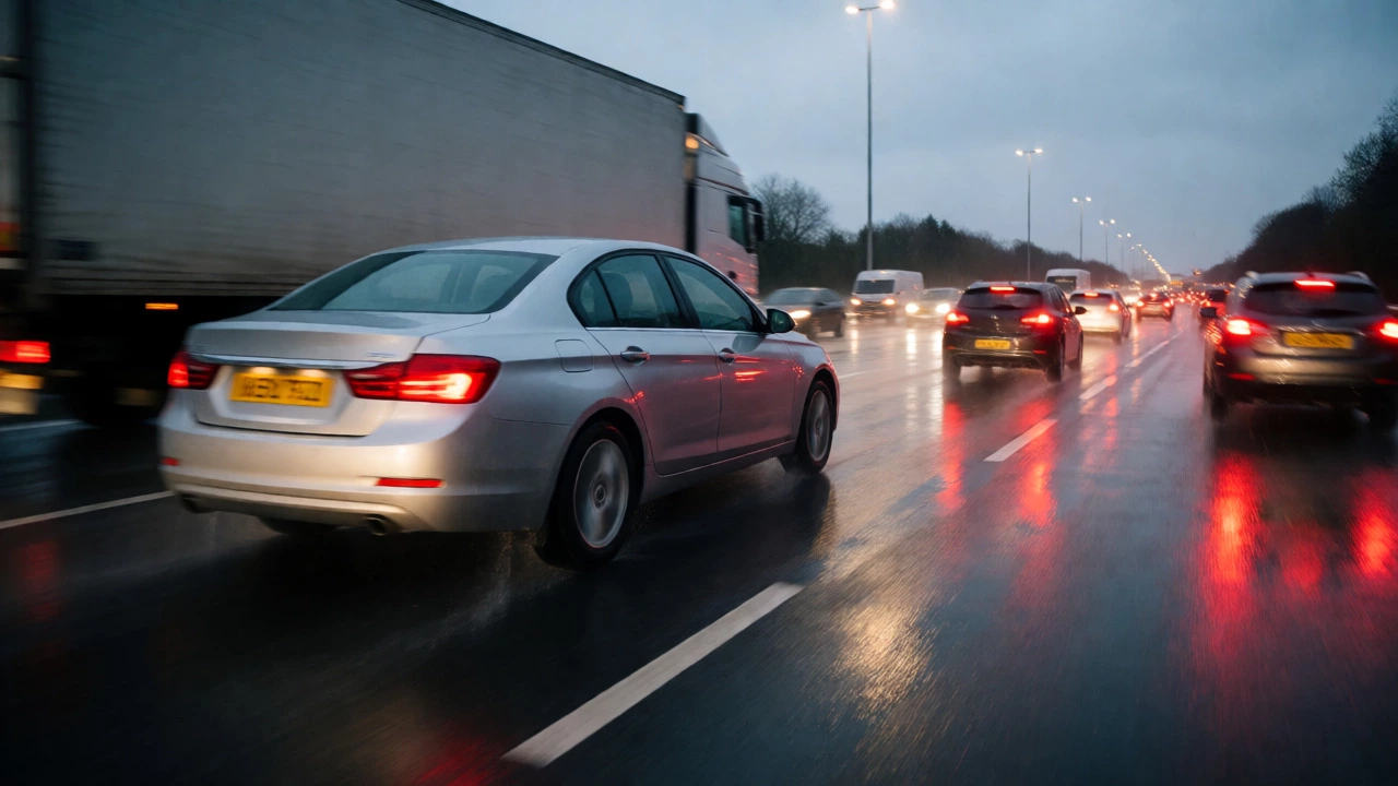 Silver car hesitating and sputtering while merging on a wet motorway