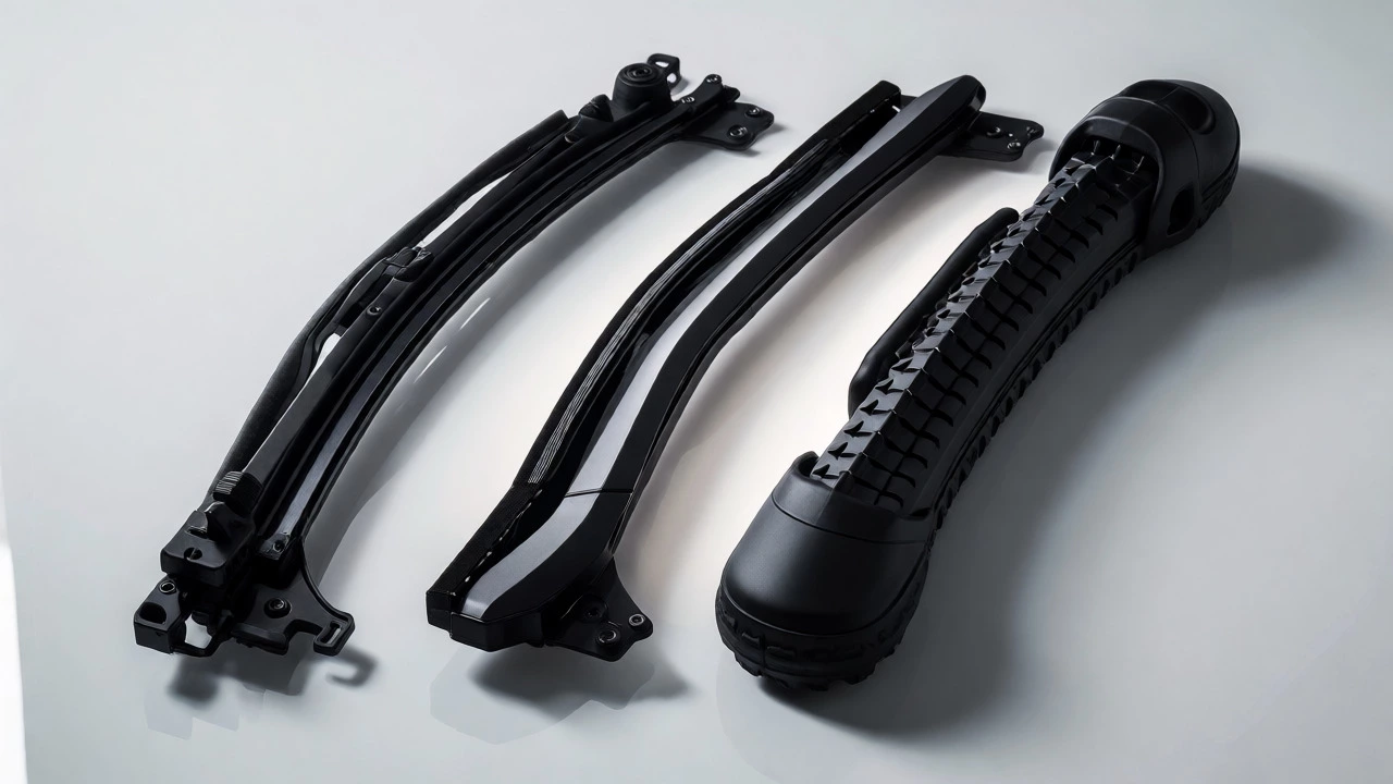 Three different types of windshield wiper blades displayed side-by-side on a white surface.