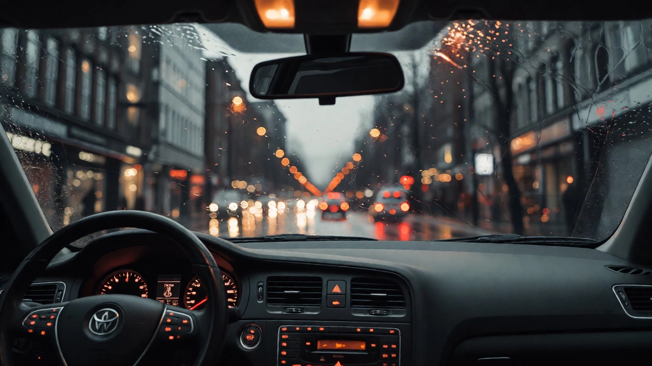 View from inside a car looking at a rainy city street at dusk