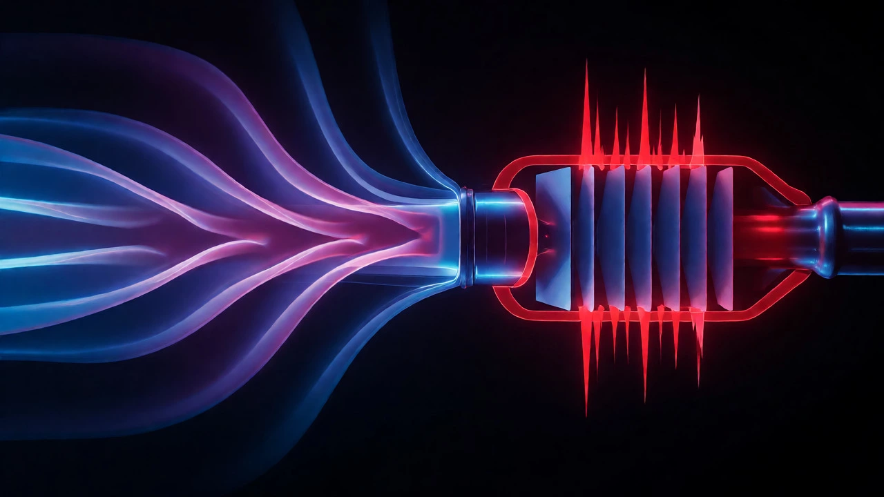 Abstract visualization of sound waves filtering through a muffler
