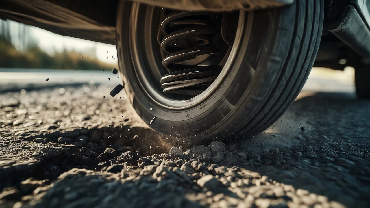 Car wheel hitting a pothole with a damaged coil spring causing rattling noises.